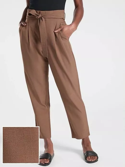 Athleta Brown Airy Lightweight Skyline Plaid Pant II Paperbag Waist Tie 10