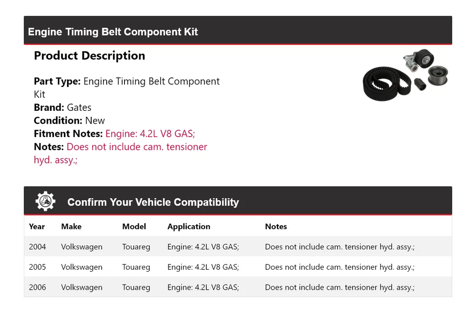 For 2004-2006 Volkswagen Touareg Engine Timing Belt Component Kit Gates 2005 - Image 2 of 4