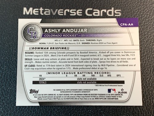 2025 Bowman Chrome Ashly Andujar 1st Prospect Gold Refractor Auto /50 Rockies - 第 2/2 張圖片