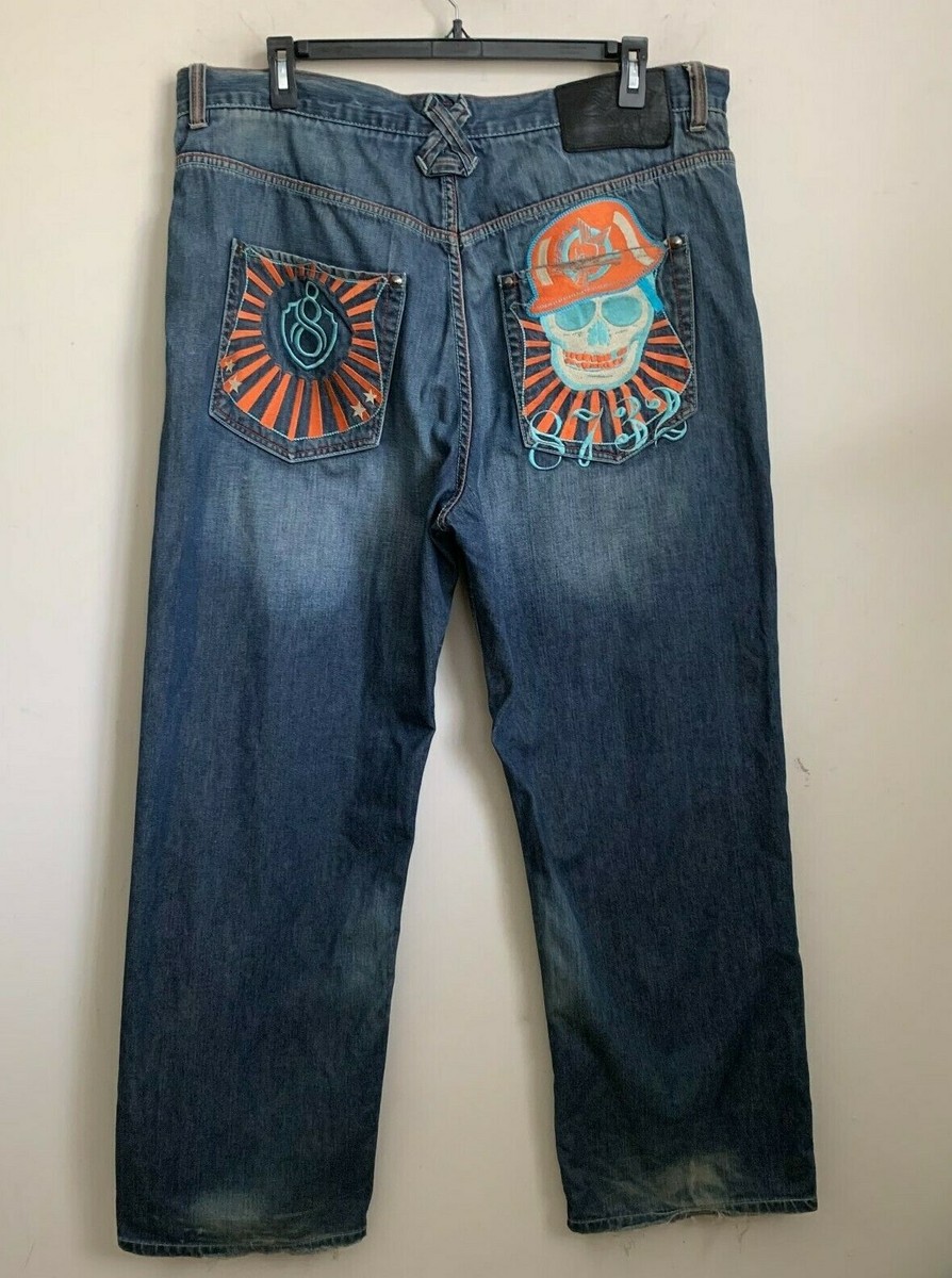 Eight 732 Jeans Blue Baggy Embroidered Pockets Trojan Helmet Eight 732 Jeans Blue Baggy Embroidered Pockets Trojan Helmet