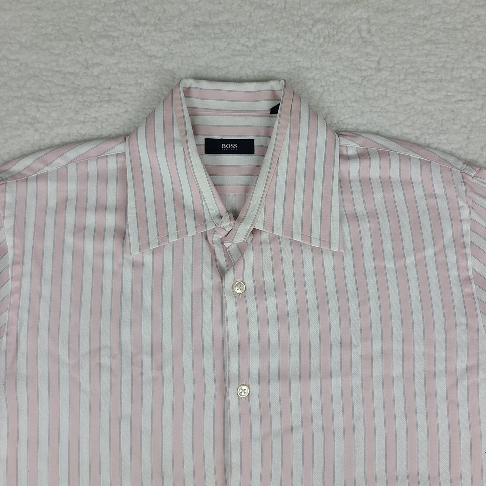 Hugo Boss Shirt Mens 16/41 Pink White Striped Cotton Dress Button Up - Image 3 of 4