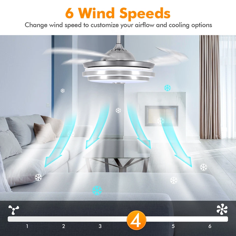 42" Bluetooth Ceiling Fan 3-Color LED Light Retractable Chandelier Lights Lamp - Image 4 of 4