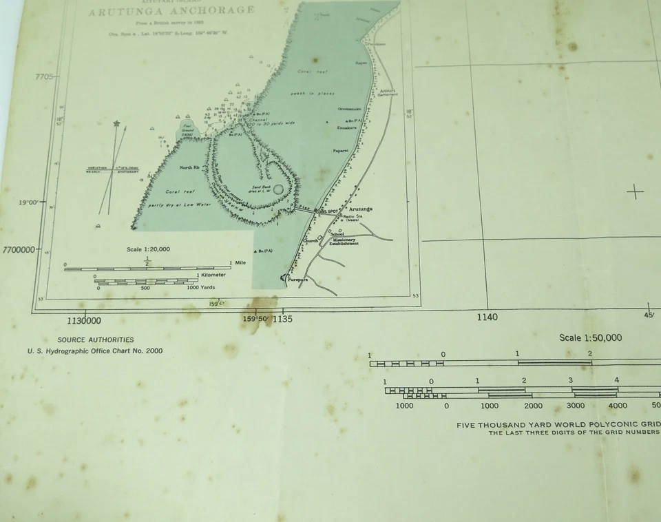 Raro mapa náutico y terrestre muy grande de la Segunda Guerra Mundial de Aitutaki, Islas Cook, Pacífico. Foto 4 de 4