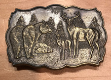 GRIZZLY BEAR DEER ELK FOREST WESTERN ART HUNTER 1980s VINTAGE BELT BUCKLE