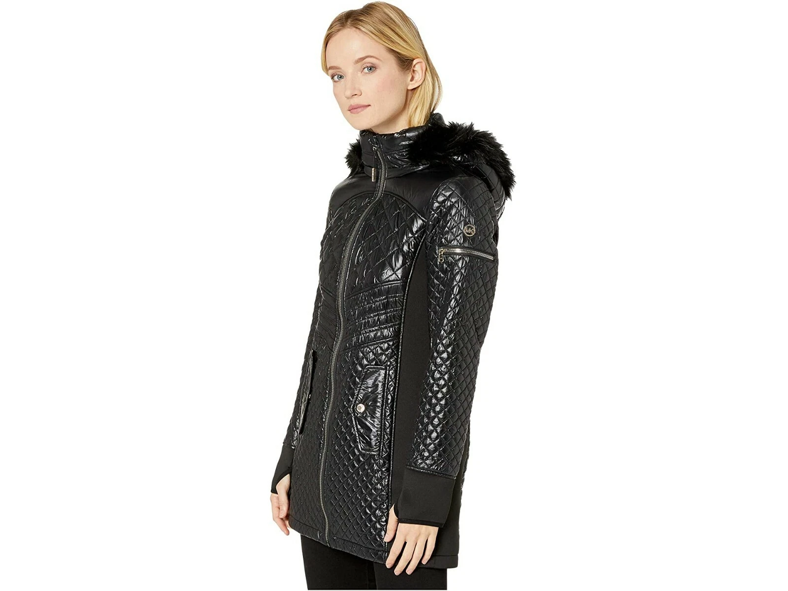 Cappotto con cappuccio Michael Kors nero trapuntato misto misto finiture in pelliccia sintetica taglia M