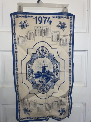 Beautiful Tea Towel Highlighting Holland Countryside. 1974 Calendar. Blue And Wh