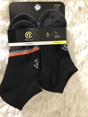 6 Pack-C9 Champion Performance Youth Low Cut Socks Black/Multi Color Med (9-2.5)