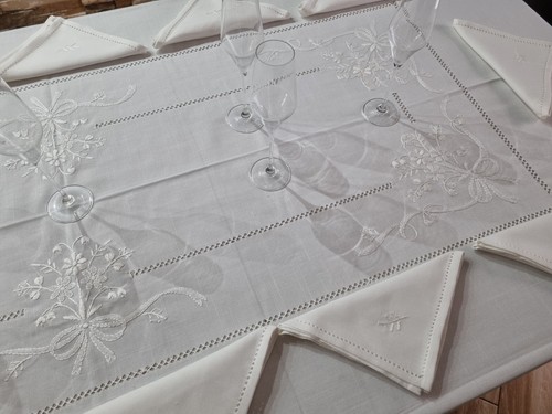 Tovaglia ricamata a mano in misto lino 12 posti gran misura 185x355 cm - Picture 5 of 12