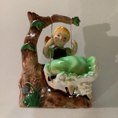 Vintage Cute Relpo Blondie Girl on Tree Branch Swing Planter #157