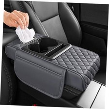 5 in 1 Nappa Leather Console Armrest Cover Built-in cup holder, tissue Gray