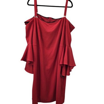 R&M Richard Dress 22W Red Off Shoulder Ruffle Sheath Midi Party New Date Wedding