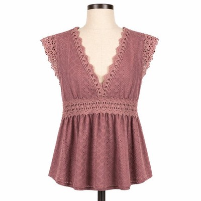 Floral Eyelet Lace Pointelle Babydoll Top Size L Mauve Y2K Boho Fairy Romantic