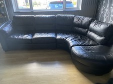 L-shaped Real Black Leather Settee Sofa