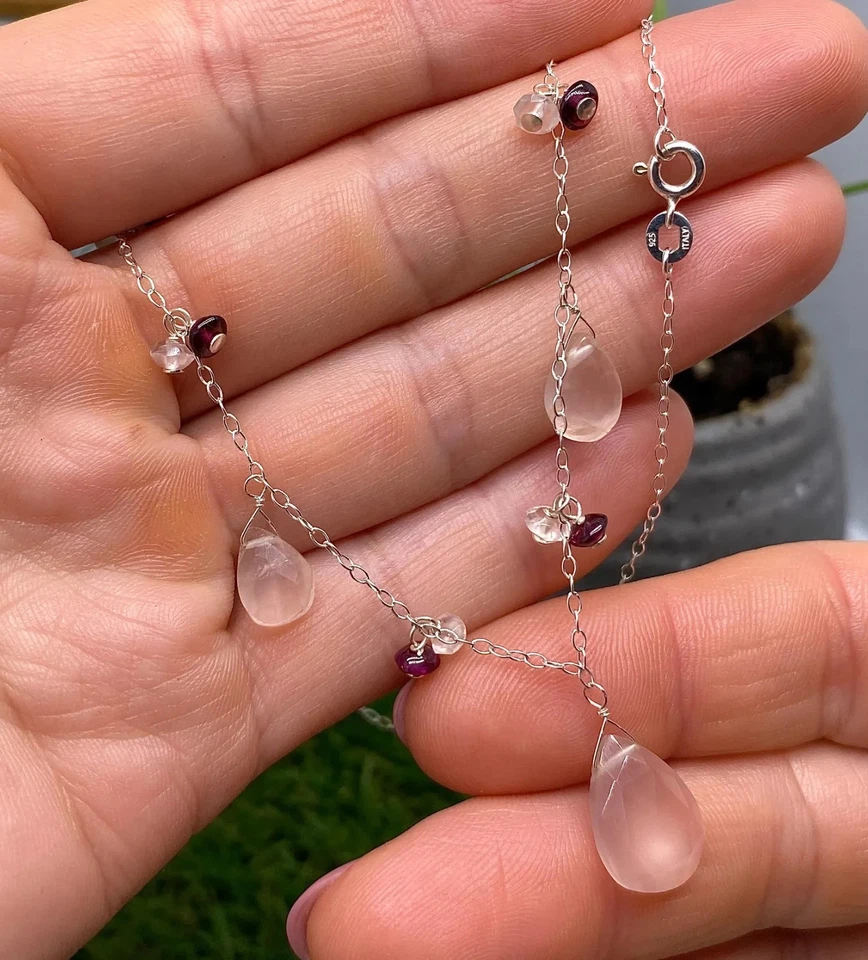 Collar de cuarzo rosa briolette natural y rodolita, plata 925. 18 pulgadas Foto 4 de 4