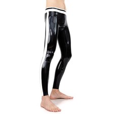 Mens Black Latex Pants with White Line Trim Rubber Trousers Fetish Clubwear