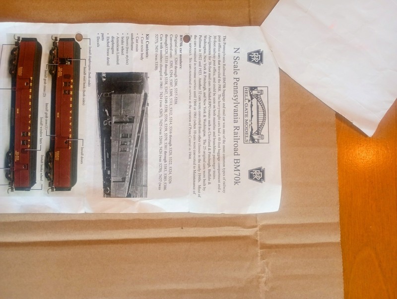 N scale Hellgate Models Pennsylvania BM70 car kit with detail parts and trucks.
