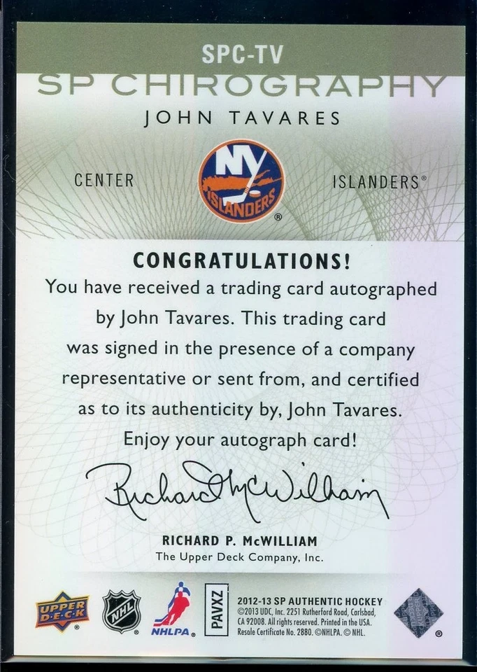 2012-13 SP Authentic Chirography #SPCTV John Tavares 29/35 - Image 2 of 2