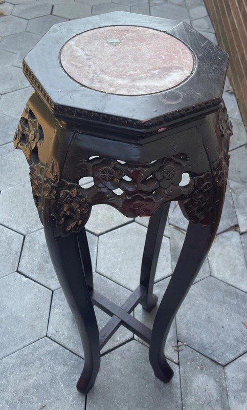 Vintage Hand Carved Wood Plant Stand With Marble Top Indonesian ? ASIS 3 Ft
