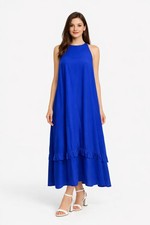 Alfani Women Linen Blend Maxi Dress Blue Sleeveless Tiered Ruffle Hem Size S