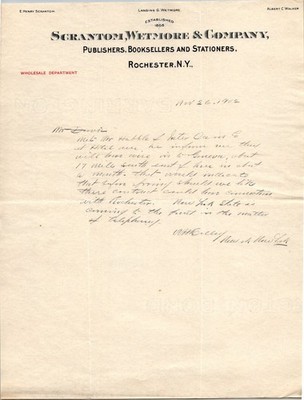 1902 Scrantom Wetmore & Co. Rochester NY Handwritten Letter Ephemera