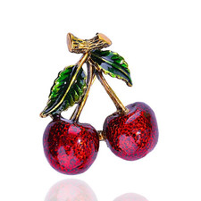 Vintage Style Red Enamel Cherry Brooch Pin Fruit Gold Tone Plant Jewelry Gift