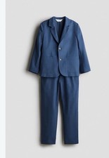 H&M Boys Blue 2-Piece Suit Set Jacket & Pants 10-11Y Cotton Linen