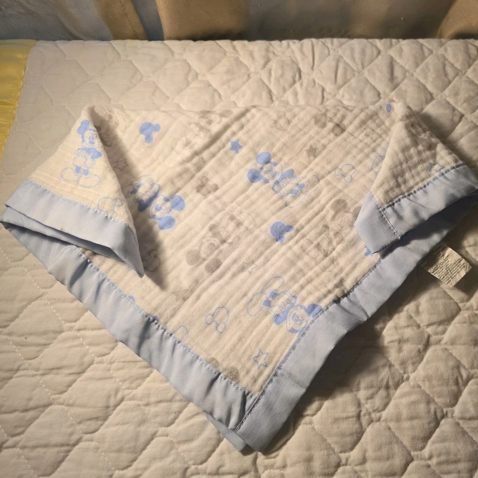  Disney Baby Boys Blue Grey White Mickey Mouse Muslin Satin Security Blanket  -  - Image 3 of 3