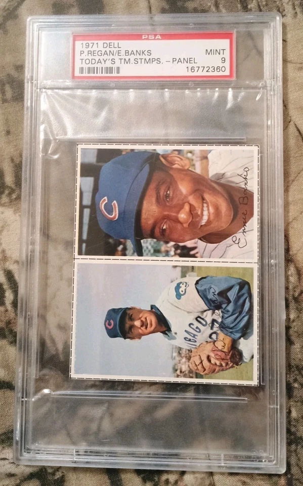 Ernie Banks/Regan 1971 Dell Today's Stamps 2 Card Panel 🔥PSA 9 Mint🔥Rare Pop 2 - Image 2 of 4