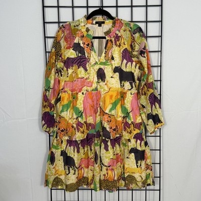 NWT J.Crew Tiered Popover Dress Small Natural Yellow Pink Ratti  Safari Print