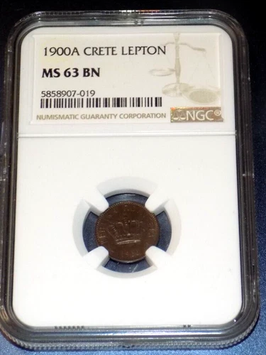 Greece 1900 A Crete Lepton Copper Coin NGC MS63 BN Choice UNC KM# 1 CERTIFIED
