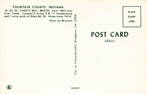 Cartolina Cade's Mill Bridge sopra Coal Creek vicino a Veedersburg, Indiana - Foto 2 di 2