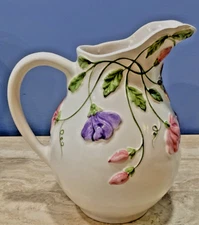 Sanor Ceramica White Ceramic pitcher Portuguese Handp SweetPea Raised 64 oz