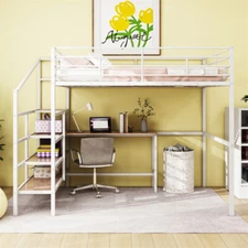 Full Size Metal Loft Bed w/Large Desk & 4-Layers Storage Ladder for Teens White