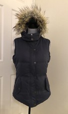 Ladies Fat Face Blue Faux Fur Gilet Bodywarmer Detachable Hood Size 10