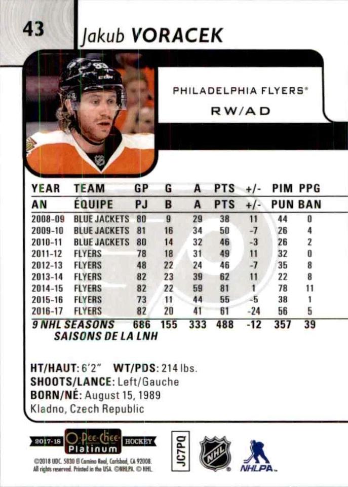 2017-18 O-Pee-Chee Platinum Jakub Voracek #43 - Image 2 of 2