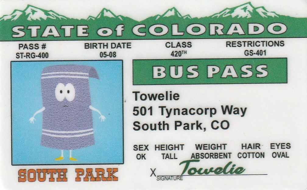 TOWELIE animated SOUTH PARK cartoon Show id card Drivers License