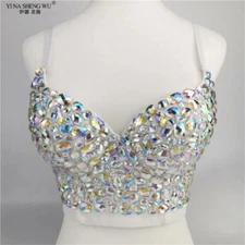 AB Color Rhinestone Top Ladies Belly Dance Bra Corset SuspenderVest Bra Sequined