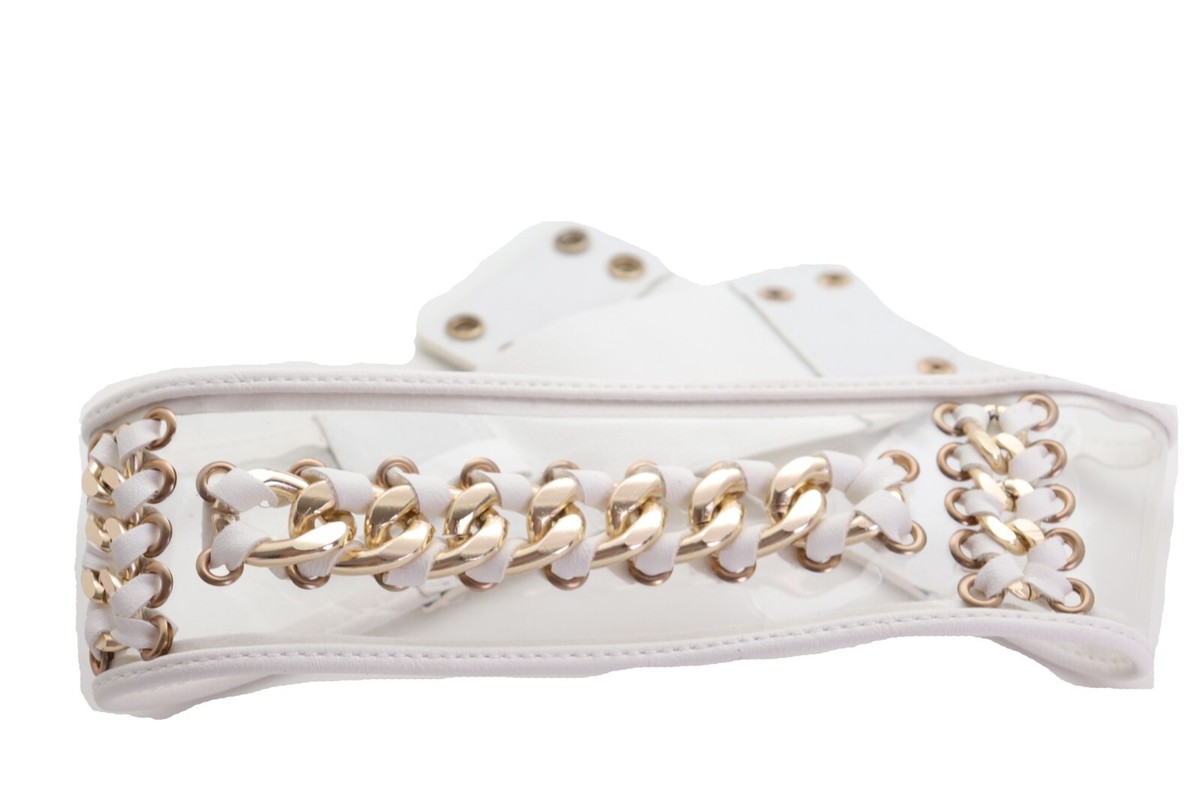 5277 Women White Wide Fashion Belt- Elastic Waistband Gold Metal Chain Women White Faux Leather Elastic Wide Modern Belt Gold Metal  main image 2