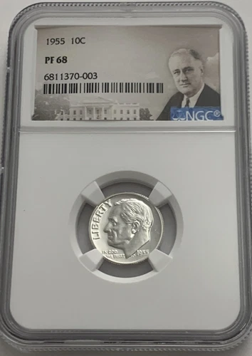 1955 NGC PF68 90% Silver Proof Roosevelt Dime Portrait Label