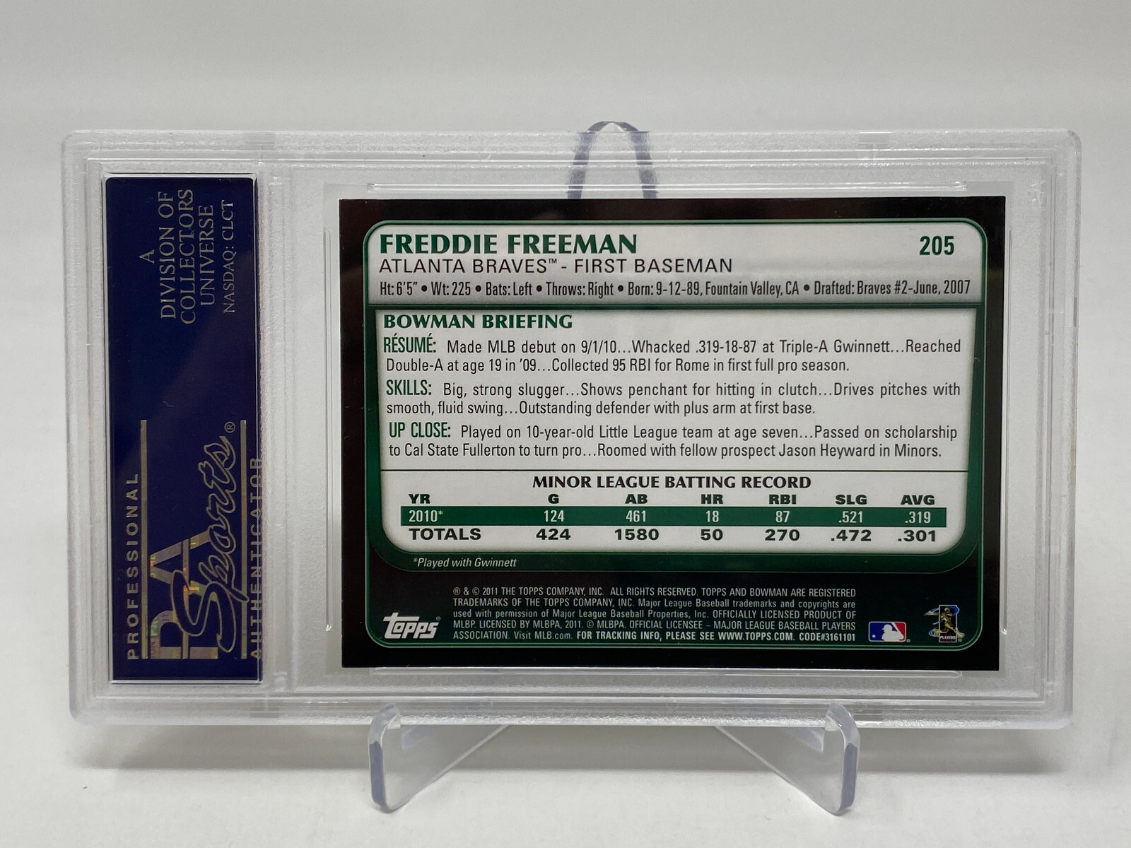 2011 Bowman #205 Freddie Freeman Gold PSA 8 Rookie Card RC view 8