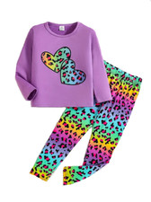 New Girls Purple Leopard Print Pants Set Size 5 Hearts Long Sleeve Outfit
