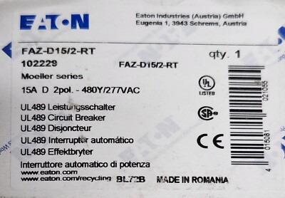 EATON MOELLER FAZ D15 2 RT 102229 15 AMP 2 Pole Circuit Breaker FAZ-D15/2-RT