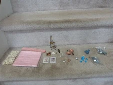 VINTAGE Dollhouse Accessories Miniature Print Cloth Granite Coffepot Pots Pans