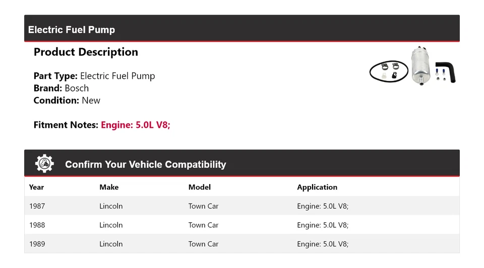 Bomba de combustible eléctrica Bosch 1988 para Lincoln Town Car 1987-1989 5,0 L V8 Foto 2 de 4