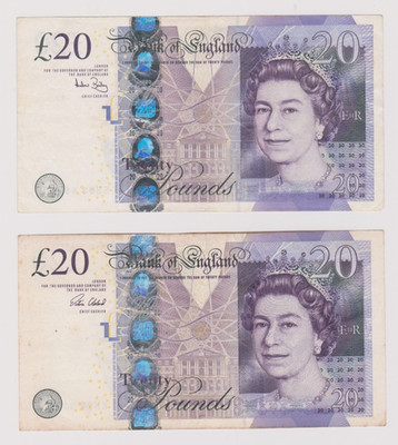 Lot von 2 x £20 Papiernoten Bank of England - Bailey + Cleland - zirkuliert - sehr schön