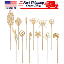 12 Pack Gold Chinese Vintage Butterlfy Flower Metal Hair Sticks Retro Hairpins