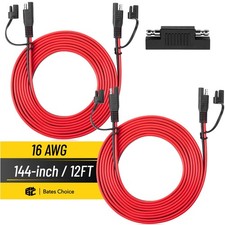 Bates 2 Pack SAE to SAE Extension Cable 12ft 16 AWG 2-Pin Quick Disconnect Cord