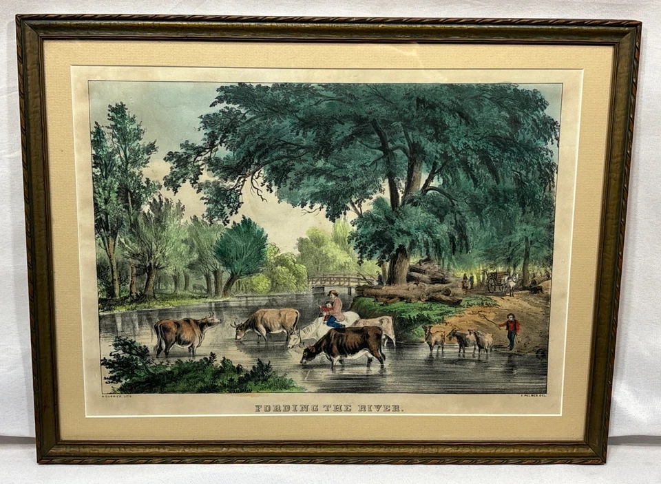 Antique Original Nathaniel Currier Fording the River Lithograph c.1848-56 Framed - Image 2 of 4
