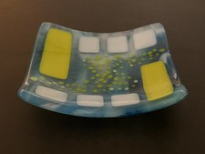Glass Trinket Fused Dish Square Light Blue White Yellow Geometric 5  Sq
