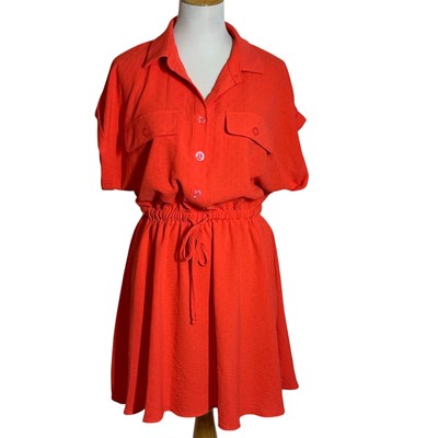 Emma & Michele Hot Coral Short Sleeve Collar V-Neck Button Down Shirtdress Sz M